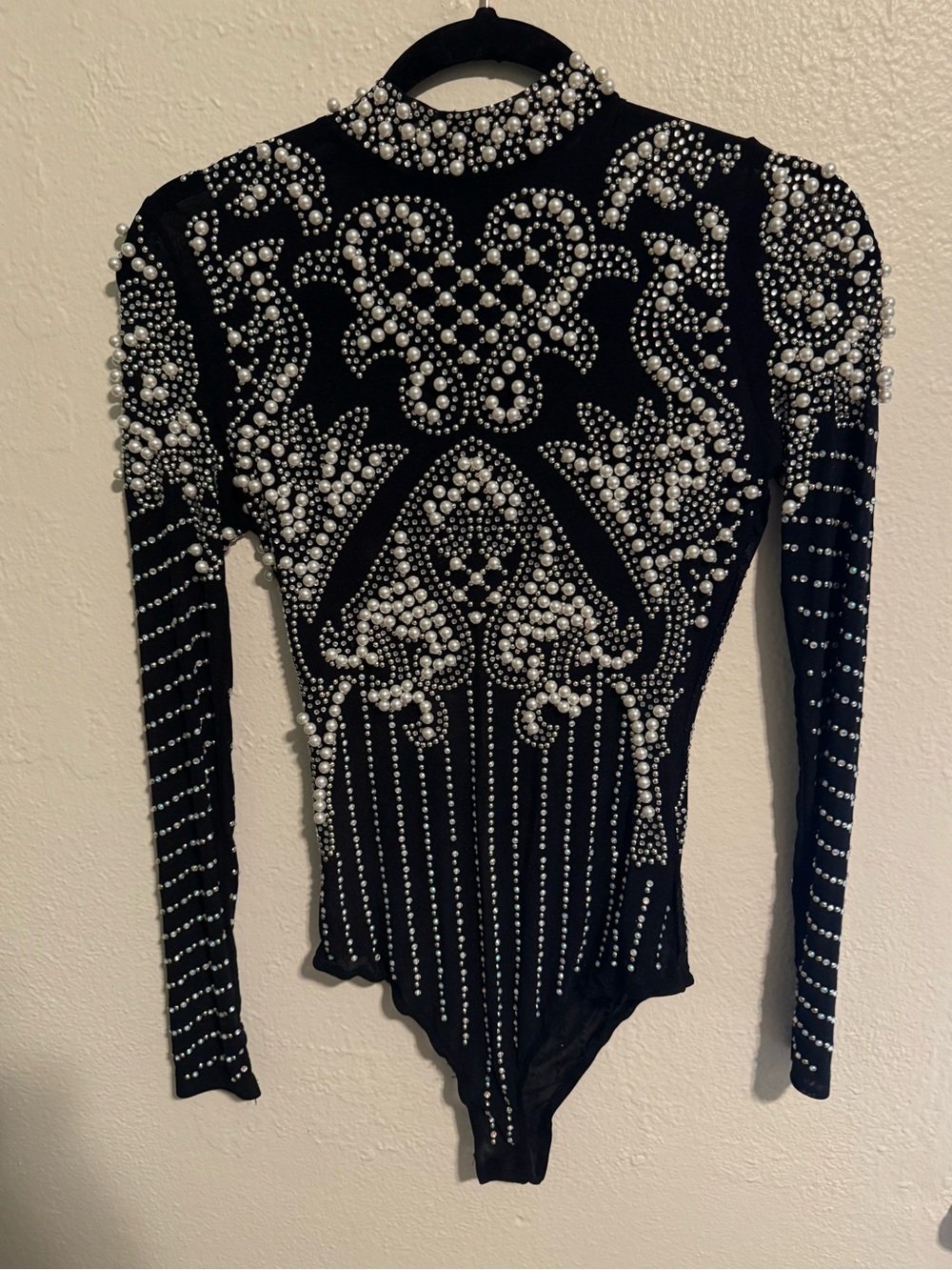 AKIRA Black Pearl-Embellished Long-Sleeve Bodysuit